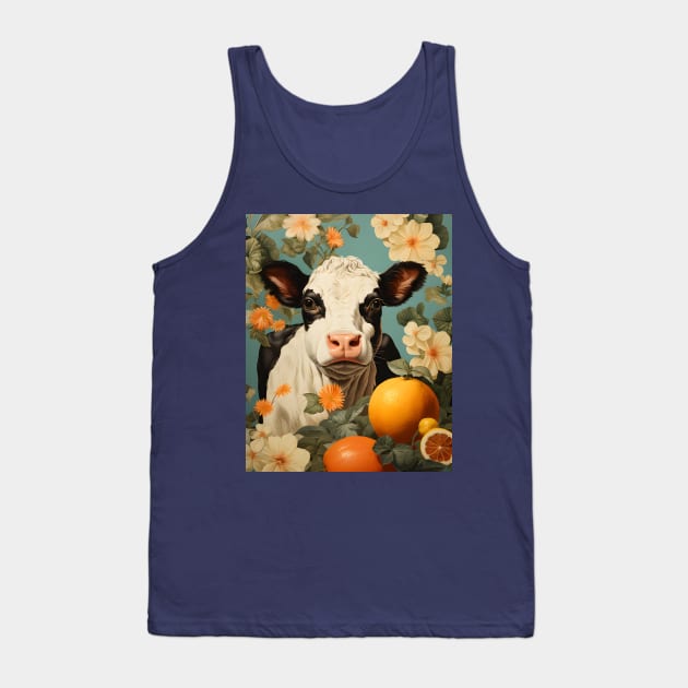 Retro Vintage Country Cow Floral Design - Rustic Farmhouse Art Tank Top by The Whimsical Homestead